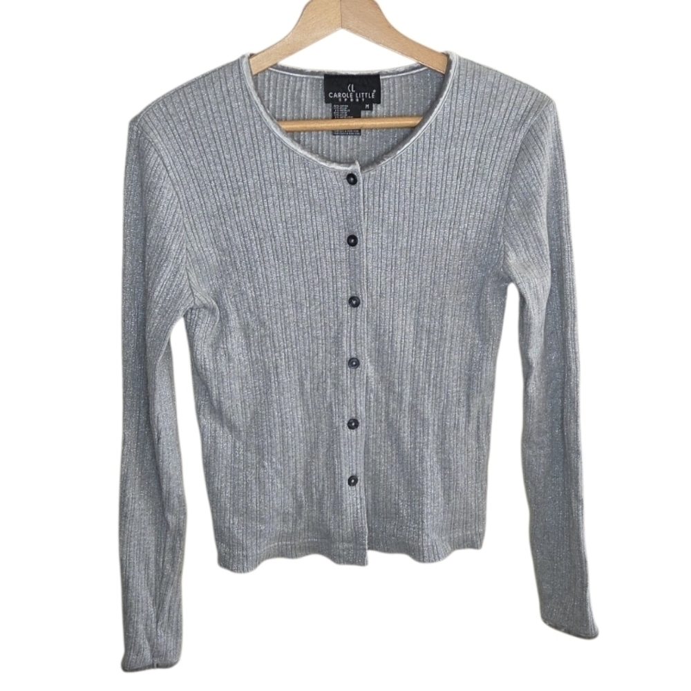 Carole Little Sport Gray Ribbed Button Cardigan with Metallic Silver Shimmer